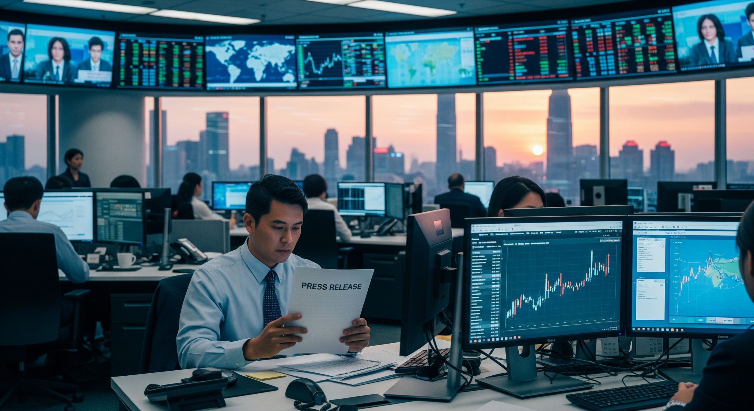 Seorang jurnalis memegang mikrofon pada acara press release dengan kamera video merekam di latar belakang, dan teks PRESS RELEASE besar di bagian atas.